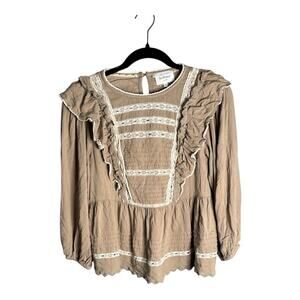 Bohme Tan White Long Sleeve Peasant Top Ruffle Detail Small
